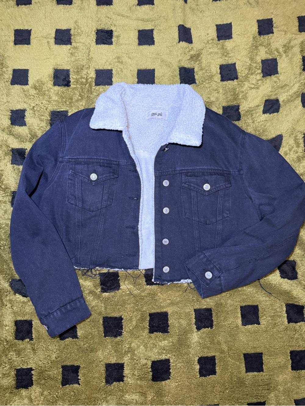 Hippie Love Black Sherpa Lined Cropped Denim Jacket Raw Hem XL